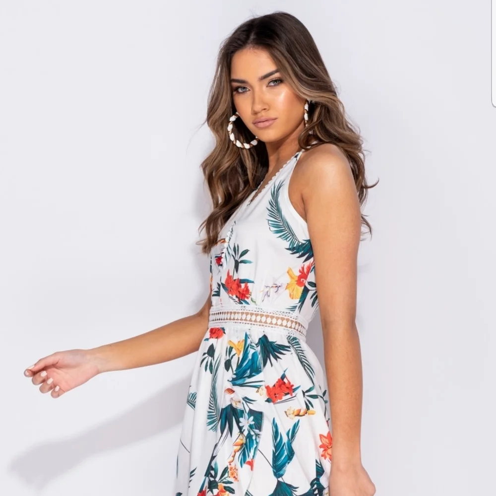 Floral Halter Maxi Dress in White with Tropical Print